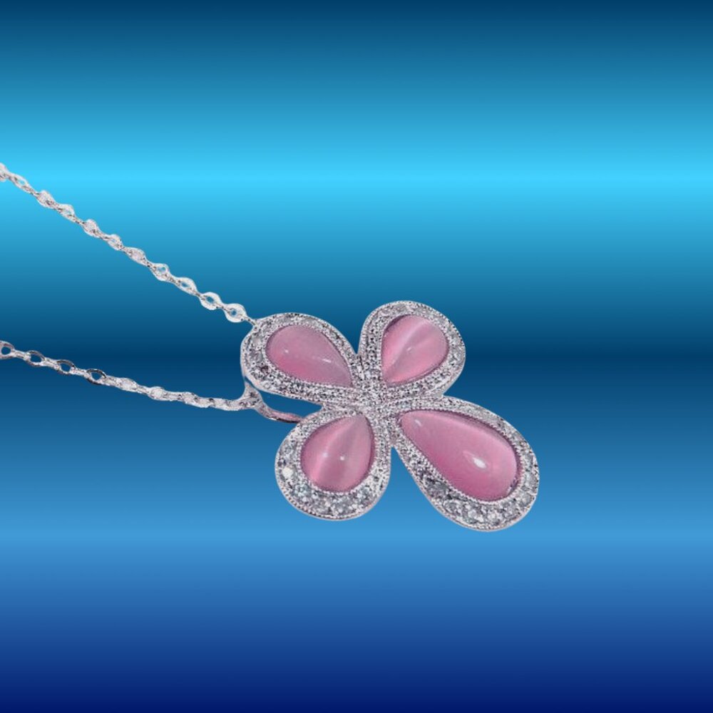 NEW Sterling Silver 925 Cross Pendant Necklace – Clear CZ & Pink Cat-Eye Stones
